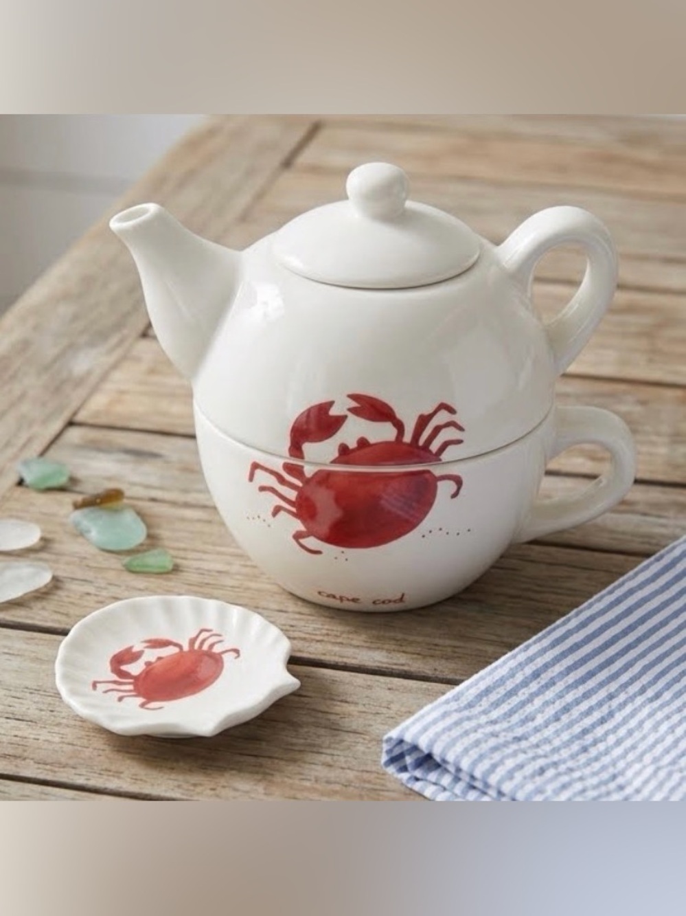 Nantucket Brand Cape Cod Crab Nesting Tea for One Teapot and Cup Mug Set